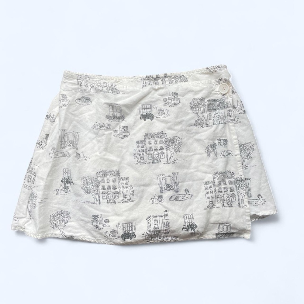 Italian Bistro Print Mini Faux‎ Wrap Cotton Cream Skirt size M by Midnight Sky